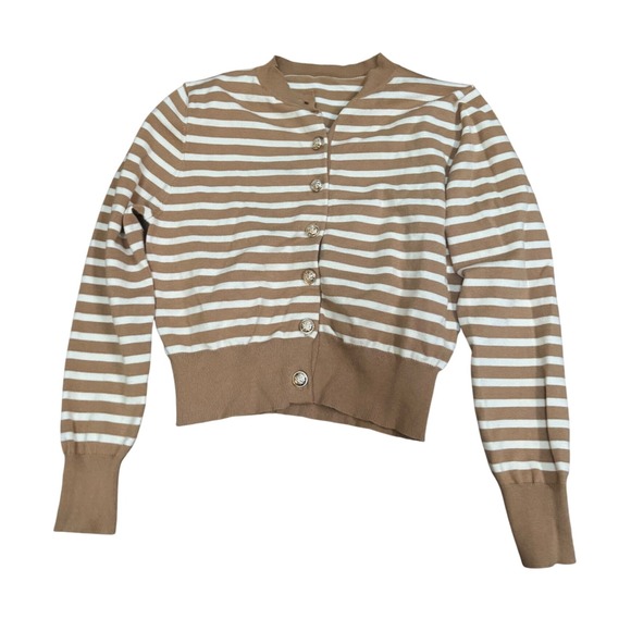 Cider Sweaters - CIDER Striped Button Cardigan Sweater Women Size L Brown White Acrylic Blend